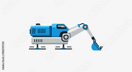 Modern Flat Design Blue Excavator Construction Machine For Digging And Earthmoving Vector