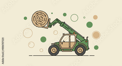 Modern Farm Telehandler Efficiently Moving Round Hay Bale With Flat Design