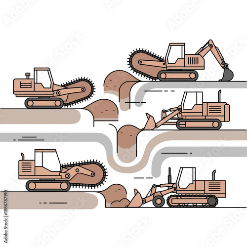 Modern Construction Vehicles Engaged In Earthmoving And Trench Digging Operations Graphic