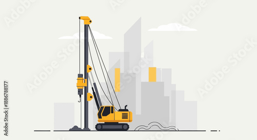 Modern Flat Design Illustration Of Construction Piling Rig In Cityscape Development