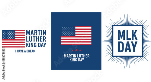 Martin Luther King Jr. Day celebration graphics featuring American flags and text.