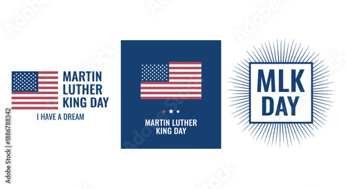 Three graphic designs celebrating Martin Luther King Jr. Day with American flags and text.
