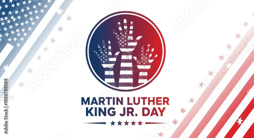 Martin Luther King Jr. Day celebration with raised hands and American flag elements.