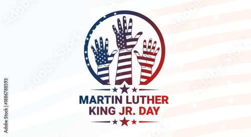 Martin Luther King Jr. Day celebration with raised hands in American flag colors and stars.