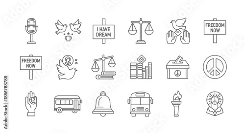 Collection of line art icons representing civil rights, freedom, justice, and social change movements.