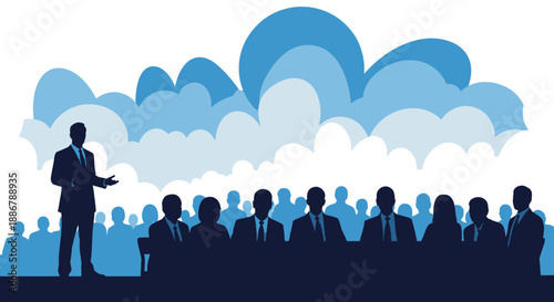 Silhouette of a businessman giving a presentation to an audience seated at a long table, with abstract blue clouds in the background.