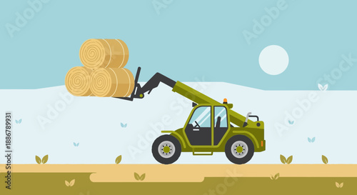 Modern Green Telehandler Lifting Golden Hay Bales In A Peaceful Countryside Landscape Illustration