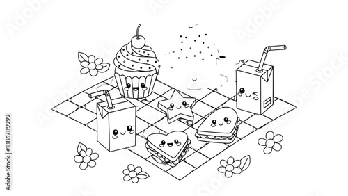 Sweet Treats Picnic: A charming illustration depicts a delightful picnic scene featuring adorable kawaii-style cupcake, heart-shaped sandwich, star-shaped cookie.