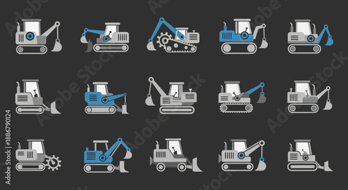 Modern Heavy Construction Equipment Icons Collection Vector Set For Industrial Use