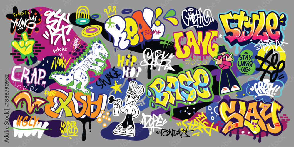 Naklejka premium Graffiti street art lettering isolated vector elements , multicolored background