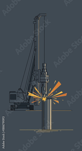 Modern Heavy Machinery Deep Foundation Piling Work Sparks Industrial Construction Site