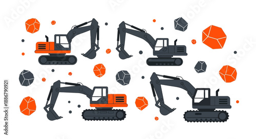 Modern Heavy Machinery Excavators And Geometric Mining Stones Seamless Pattern