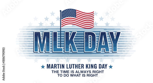 MLK Day graphic with American flag and inspirational quote by Martin Luther King Jr.