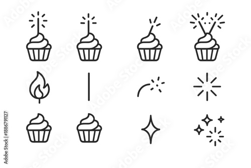 Cupcake Sparkler Icons. Cupcake sparkler variations. Line outline icon set of Cupcake sparkler variations: