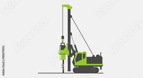 Modern Illustration Of A Green Drilling Rig On A Construction Site For Groundwork