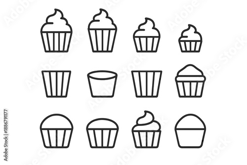 Cupcake Icon Collection. Cupcake shapes. Line outline icon set of Cupcake shapes: classic cupcake, tall