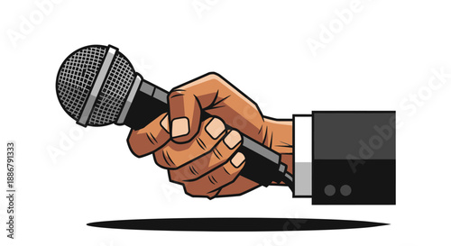 A hand in a suit holding a microphone, ready for an interview or presentation.