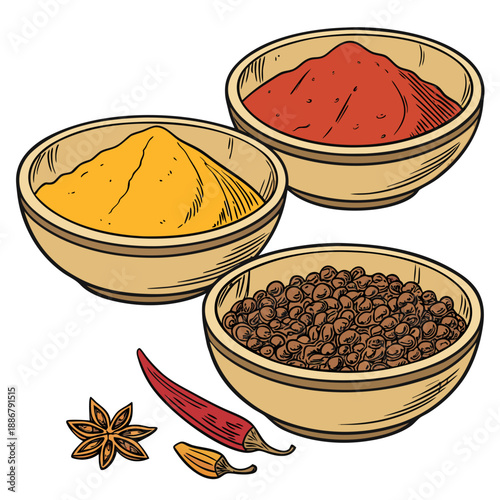 Colorful local roadside spice display in open bowls, vibrant Indian street food seasonings, aromatic culinary ingredients, market stall.