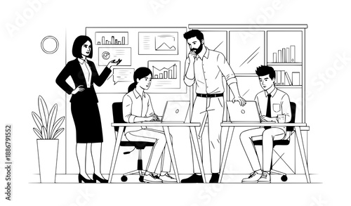 Corporate teamwork linear line art vector illustration
