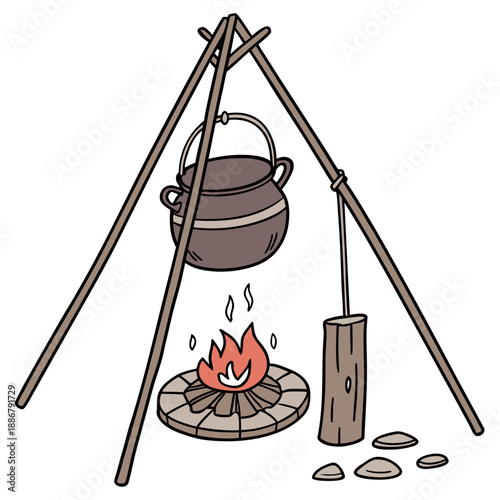 Traditional kitchen open fire tripod stand for cooking pots, rustic metal cookware accessory, essential for outdoor cooking and historical reenactments.
