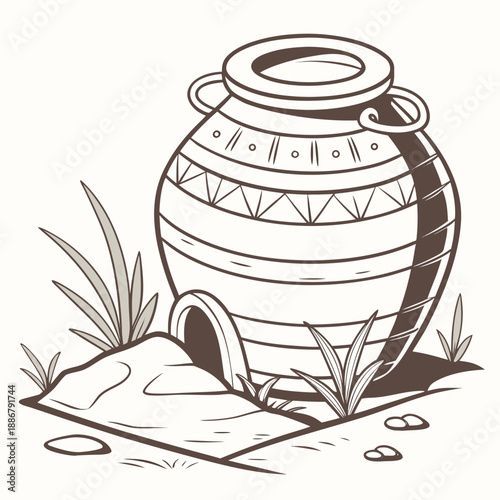 Handmade rustic clay fermentation jar, traditional pottery for preserving food, earthy tones and simple form, perfect for artisanal food or recipe content.