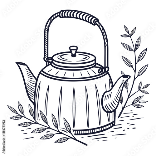 Minimalist roadside tea kettle with a long spout, evoking a simple, traditional village tea culture and warm beverage moments.