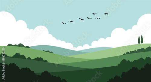 Green countryside landscape illustration with rolling hills, flying birds and clouds under blue sky for nature background, travel poster, vector design