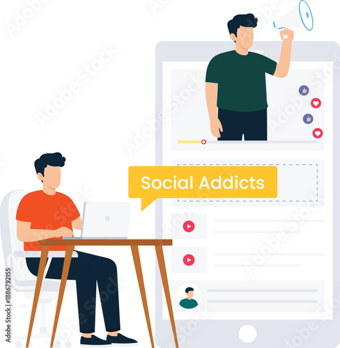 Social media addiction digital marketing content creator online video streaming young man laptop use influencer communication flat design web browsing screen time