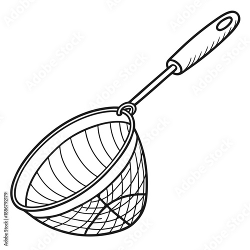 Local roadside snack frying skimmer mesh cleaner, a practical tool for removing food debris from hot oil, ensuring clean frying.