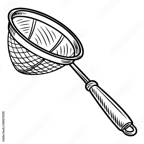 Local roadside snack frying skimmer mesh cleaner, a practical tool for removing food debris from hot oil, ensuring clean frying.