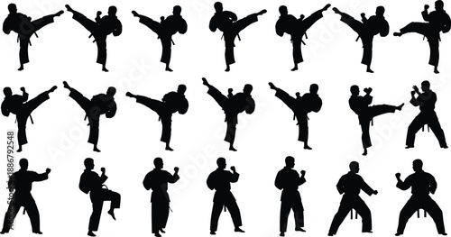 Martial arts fighter silhouette collection showing karate and taekwondo kicking poses isolated on white background for sport training, combat design