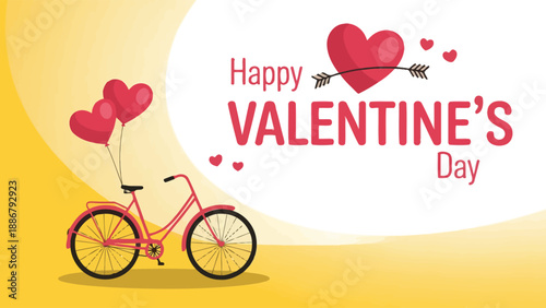 Valentine's day greeting card with red bicycle and heart balloons on yellow background