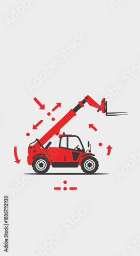 Modern Industrial Red Telehandler Machine With Dynamic Operational Movement Indicators Vector Icon
