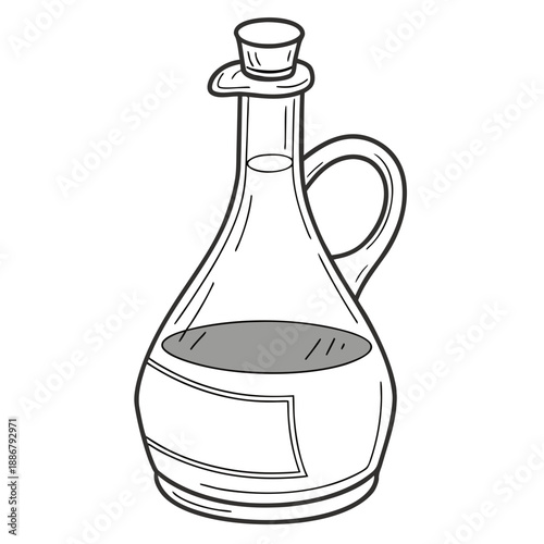 Minimalist local roadside food oil bottle, a clean, simple glass container with a narrow neck for dispensing cooking oil. Traditional kitchen accessory.