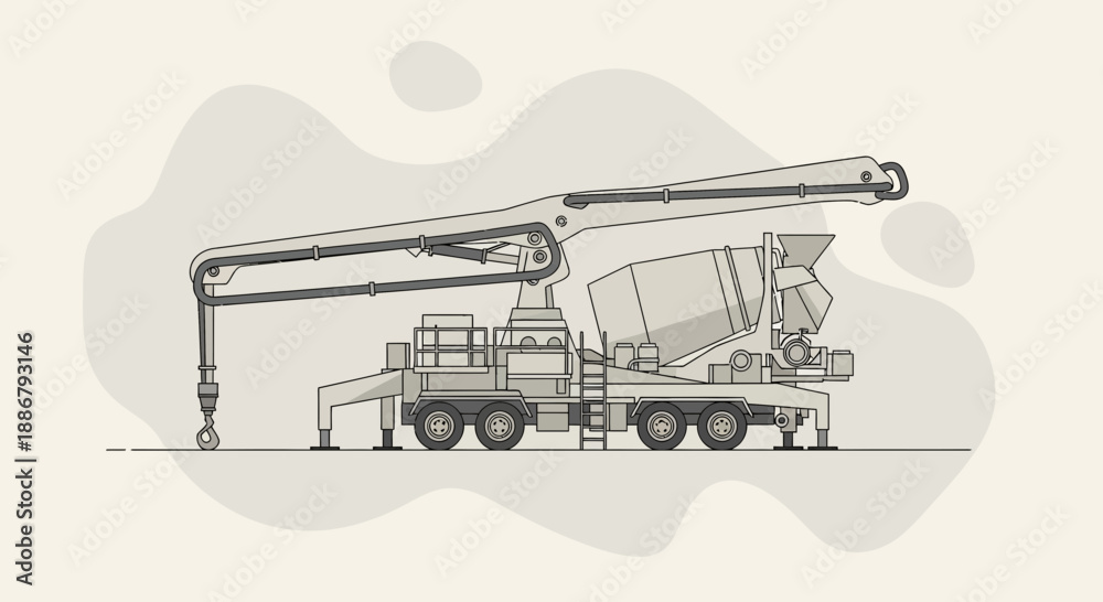 Fototapeta premium Modern Industrial Concrete Pump Truck Equipment Detailed Line Art Illustration Graphic