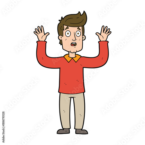 Man standing with hands raised in surprise or frustration