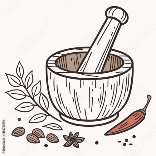 Village kitchen wooden spice stirring rod, a simple, handcrafted tool for mixing ingredients in traditional cooking.