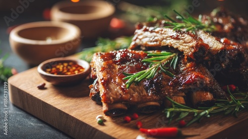 Delicious Barbecue Ribs Garnished with Fresh Herbs and Spicy Sauces Served on a Wooden Board in a Warm and Inviting Setting