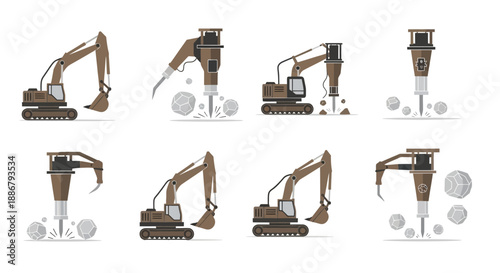 Modern Industrial Construction Heavy Equipment Vector Illustrations Set Featuring Excavators And
