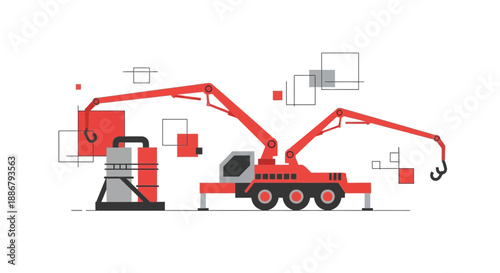 Modern Industrial Construction Site With Concrete Pumping Machinery Vector Illustration Design
