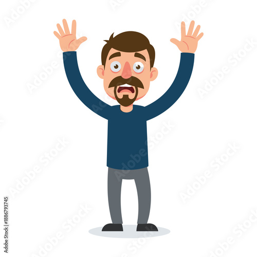 Man standing with hands raised in surprise or excitement