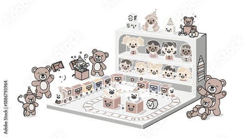 Whimsical Toy Collection: A delightful arrangement of cuddly teddy bears and charming toys fill a playful scene. Inviting a sense of nostalgia, comfort, and boundless joy.