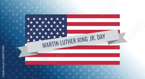 An American flag with a banner that reads "Martin Luther King Jr. Day" overlaid on it, set against a starry background.