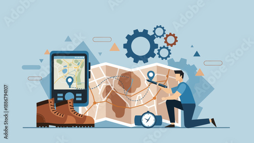 Modern Man Preparing a Travel Adventure with Technology and Gears Illustration