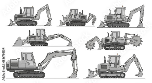 Modern Industrial Heavy Duty Excavators And Earthmoving Machinery Vector Outline Set