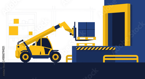 Modern Logistics And Supply Chain Illustration Featuring Telehandler Work At Dock