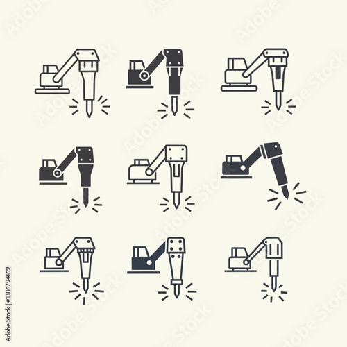 Modern Industrial Hydraulic Breaker Equipment Icons Collection For Heavy Construction