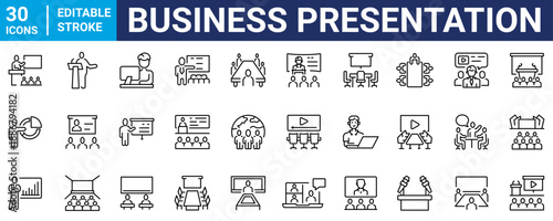 Modern vector icons set for business presentations, corporate reports, and pitch decks. Includes charts, analytics, teamwork, strategy, planning, and public speaking elements