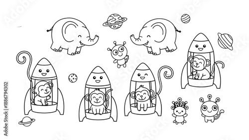 Space Adventure: Whimsical illustrations depict a playful scene of charming animal astronauts and friendly aliens embarking on a cosmic journey, creating an atmosphere of joy and wonder.