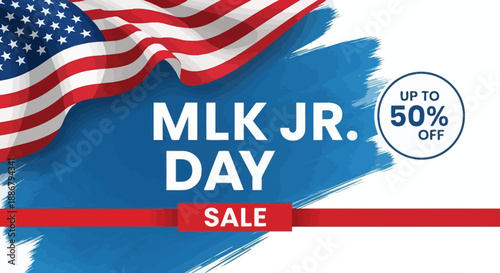 MLK Jr. Day Sale Up to 50% Off with American Flag Background.